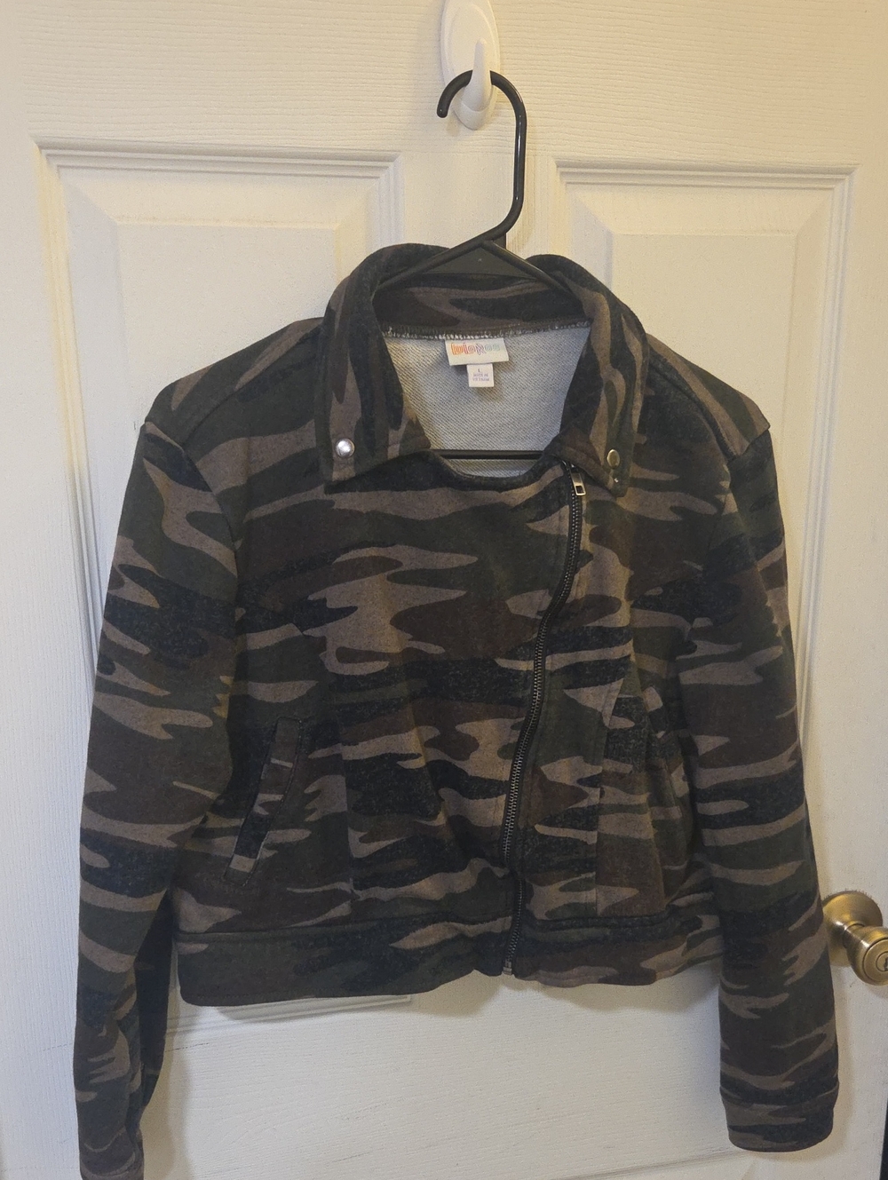 LuLaRoe Camo Moto Jacket in Olive and Black